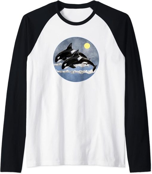 Orca Killer Whale Family Art Retro Style Sea Panda Orcas Raglan Baseball Tee