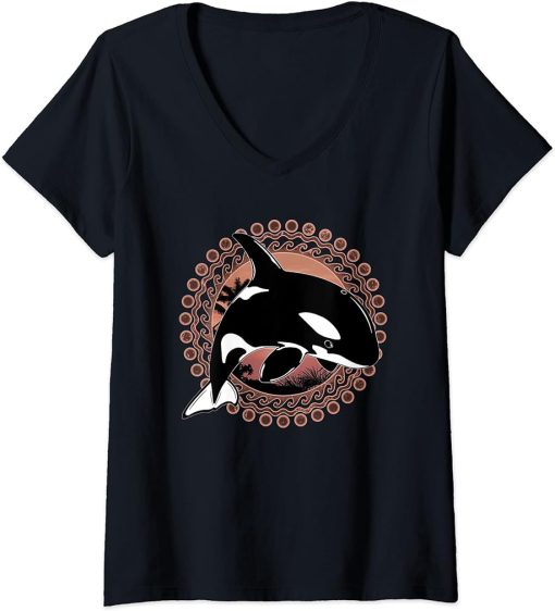 Womens Cute orca and Sunset V-Neck T-Shirt