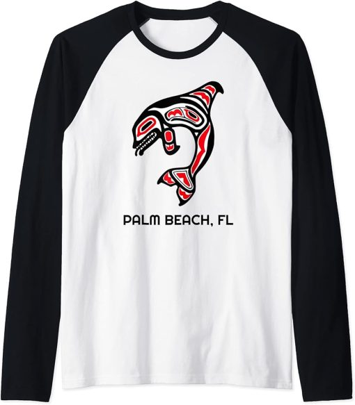 Palm Beach FL Native American Indian Orca Killer Whales Raglan Baseball Tee