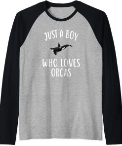 Just A Boy who loves ORCAS T-Shirt Funny ORCA Raglan Baseball Tee