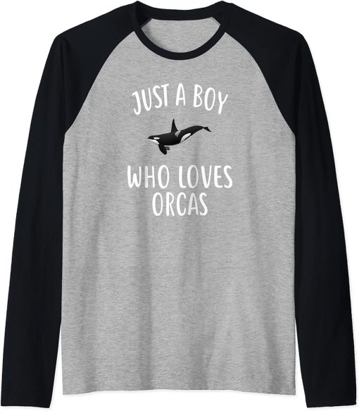 Just A Boy who loves ORCAS T-Shirt Funny ORCA Raglan Baseball Tee